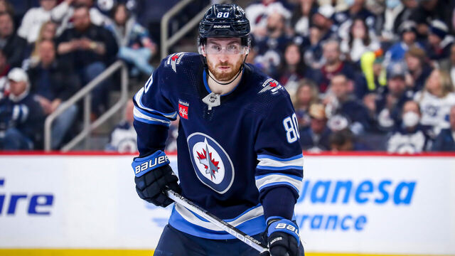 WINNIPEG, CANADA - APRIL 8: Pierre-Luc Dubois #80 of the Winnipeg Jets looks on during a third period stoppage in play against the Nashville Predators at the Canada Life Centre on April 8, 2023 in Winnipeg, Manitoba, Canada. The Jets shutout the Preds 2-0.