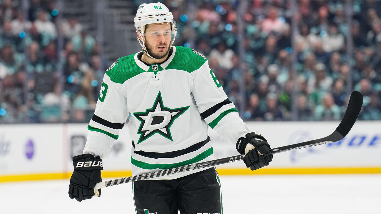 SEATTLE, WASHINGTON - MAY 07: Evgenii Dadonov #63 of the Dallas Stars looks on during the first period in Game Three of the Second Round of the 2023 Stanley Cup Playoffs against the Seattle Kraken at Climate Pledge Arena on May 07, 2023 in Seattle, Washington.