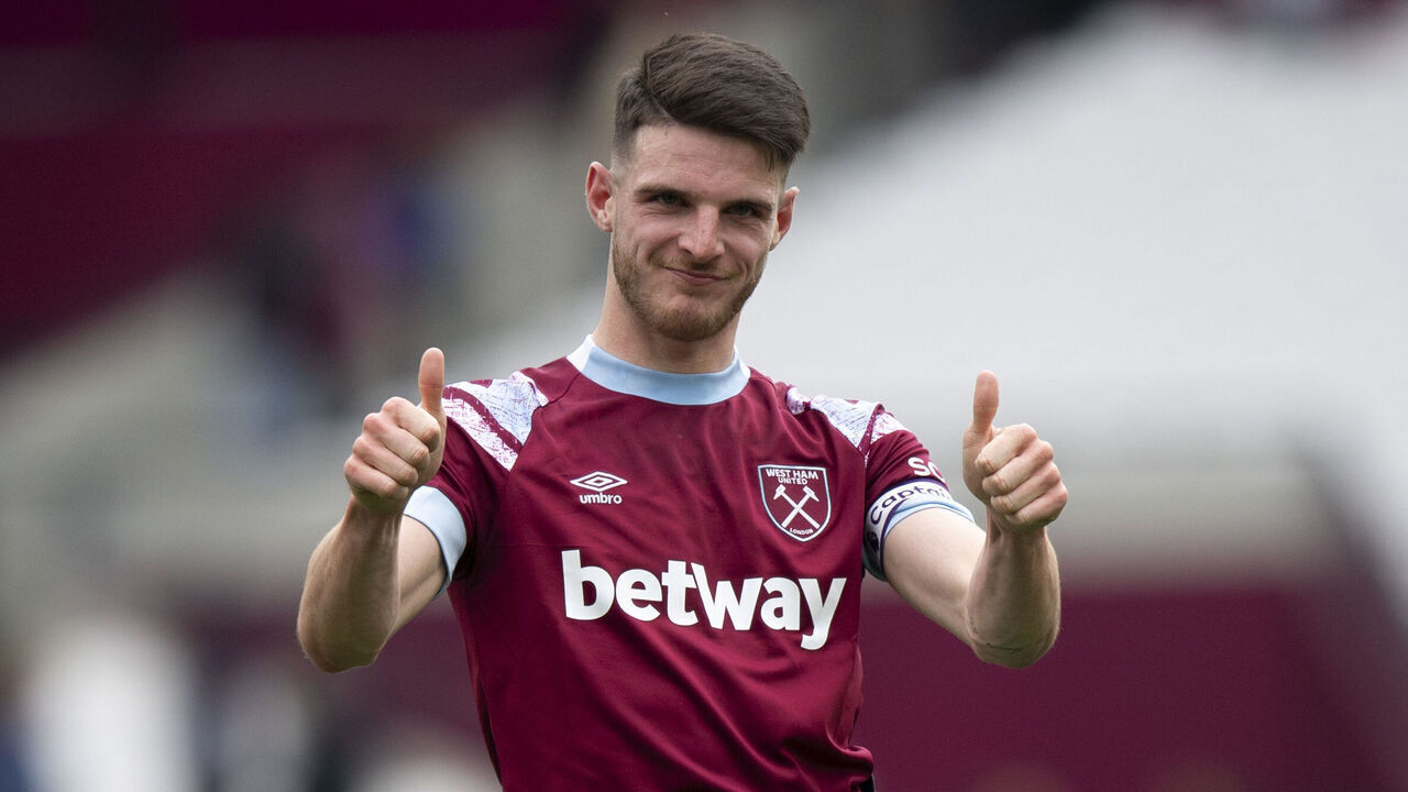 LONDON, ENGLAND - APRIL 16: Declan Rice of West Ham United reacts after the Premier League match between West Ham United and Arsenal FC at London Stadium on April 16, 2023 in London, England.