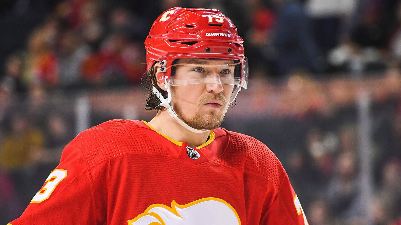 CALGARY, CANADA - APRIL 2: Tyler Toffoli #73 of the Calgary Flames in action against the Anaheim Ducks during an NHL game at Scotiabank Saddledome on April 2, 2023 in Calgary, Alberta, Canada. The Flames defeated the Ducks 5-4.