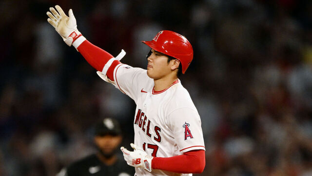 ANAHEIM, CA - JUNE 27: Los Angeles Angels pitcher Shohei Ohtani (17) reacts after hitting a solo home run during the seventh inning of an MLB baseball game against the Chicago White Sox played on June 27, 2023 at Angel Stadium in Anaheim, CA.