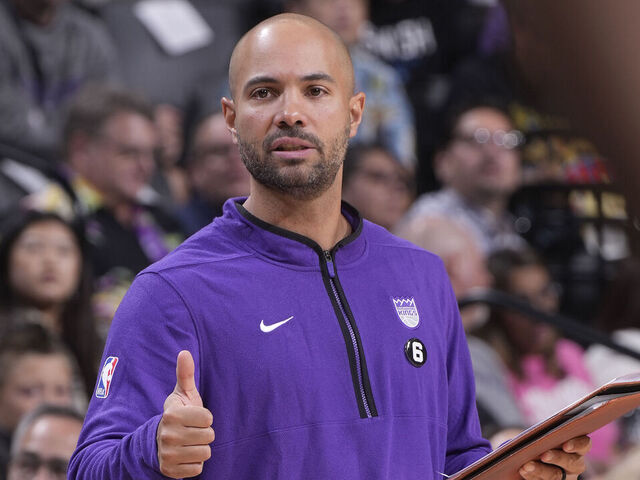 SACRAMENTO, CA - OCTOBER 9: Associate Head Coach Jordi Fernandez of the Sacramento Kings coaches against the Portland Trail Blazers on October 9, 2022 at Golden 1 Center in Sacramento, California. NOTE TO USER: User expressly acknowledges and agrees that, by downloading and or using this photograph, User is consenting to the terms and conditions of the Getty Images Agreement. Mandatory Copyright Notice: Copyright 2022 NBAE
