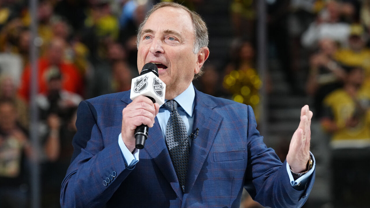 LAS VEGAS, NEVADA - JUNE 13: NHL commissioner Gary Bettman prepares to present the Stanley Cup to the Vegas Golden Knights after a 9-3 victory against the Florida Panthers in Game Five of the 2023 NHL Stanley Cup Final at T-Mobile Arena on June 13, 2023 in Las Vegas, Nevada.