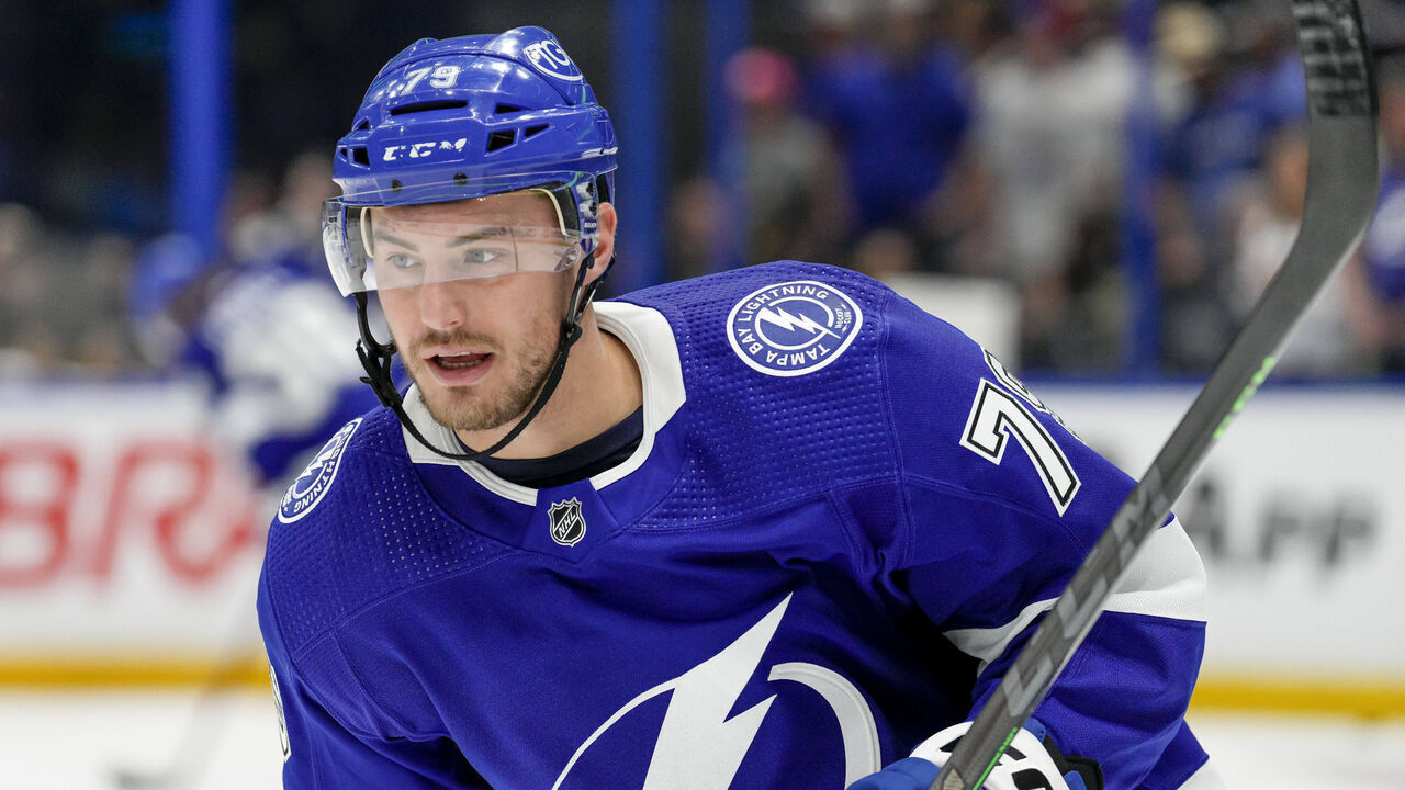 TAMPA, FL - APRIL 29: Tampa Bay Lightning center Ross Colton (79) warms up before Game Six of the First Round of the 2023 Stanley Cup Playoffs between the Tampa Bay Lightning and Toronto Maple Leafs on April 29th 2023 at Amalie Arena in Tampa, FL.