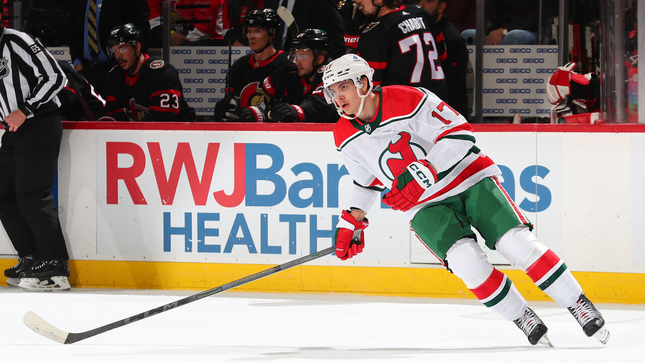 NEWARK, NJ - MARCH 25: Yegor Sharangovich #17 of the New Jersey Devils skates in the first period of the game against the Ottawa Senators at the Prudential Center on March 25, 2023 in Newark, New Jersey.