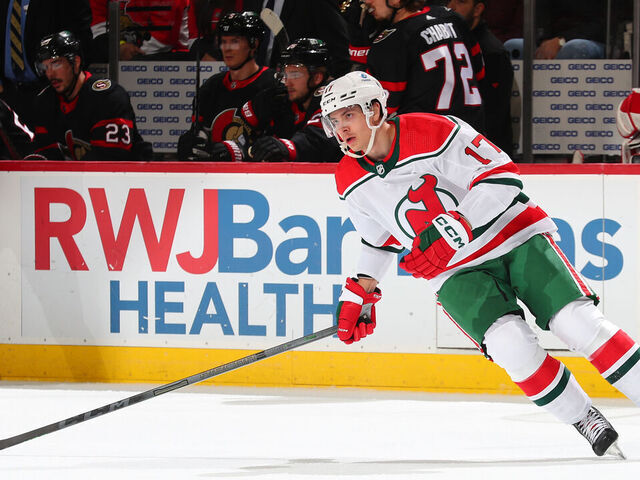 NEWARK, NJ - MARCH 25: Yegor Sharangovich #17 of the New Jersey Devils skates in the first period of the game against the Ottawa Senators at the Prudential Center on March 25, 2023 in Newark, New Jersey.