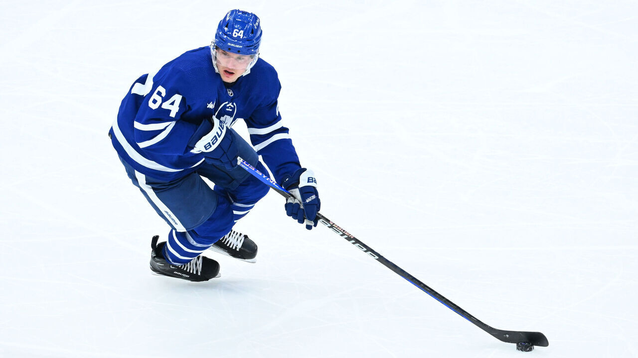 TORONTO, ON - MARCH 13: Toronto Maple Leafs center David Kampf (64) controls the puck on his stick in the second period during the NHL regular season game between the Buffalo Sabres and the Toronto Maple Leafs on March 13, 2023 at Scotiabank Arena in Toronto, ON.