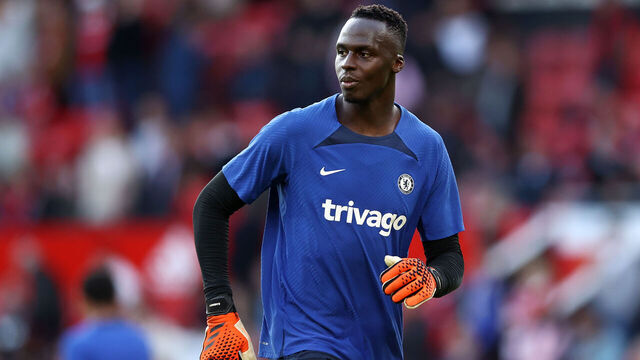 MANCHESTER, ENGLAND - MAY 25: Edouard Mendy of Chelsea warms up prior to the Premier League match between Manchester United and Chelsea FC at Old Trafford on May 25, 2023 in Manchester, England.