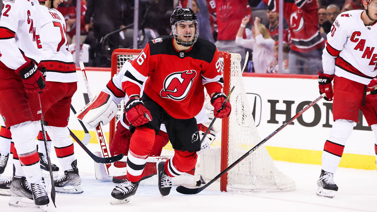 NEWARK, NJ - MAY 07: New Jersey Devils right wing Timo Meier (96) celebrates after scoring a goal during Game 3 of an Eastern Conference Second Round playoff game between the Carolina Hurricanes and the New Jersey Devils on May 7, 2023, at Prudential Center in Newark, New Jersey.