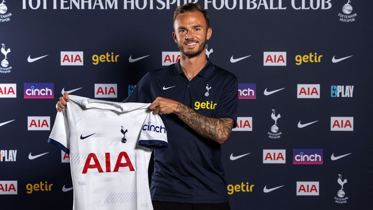 James Maddison poses as he signs for Tottenham Hotspur at Tottenham Hotspur Training Centre on June 28, 2023 in Enfield, England.