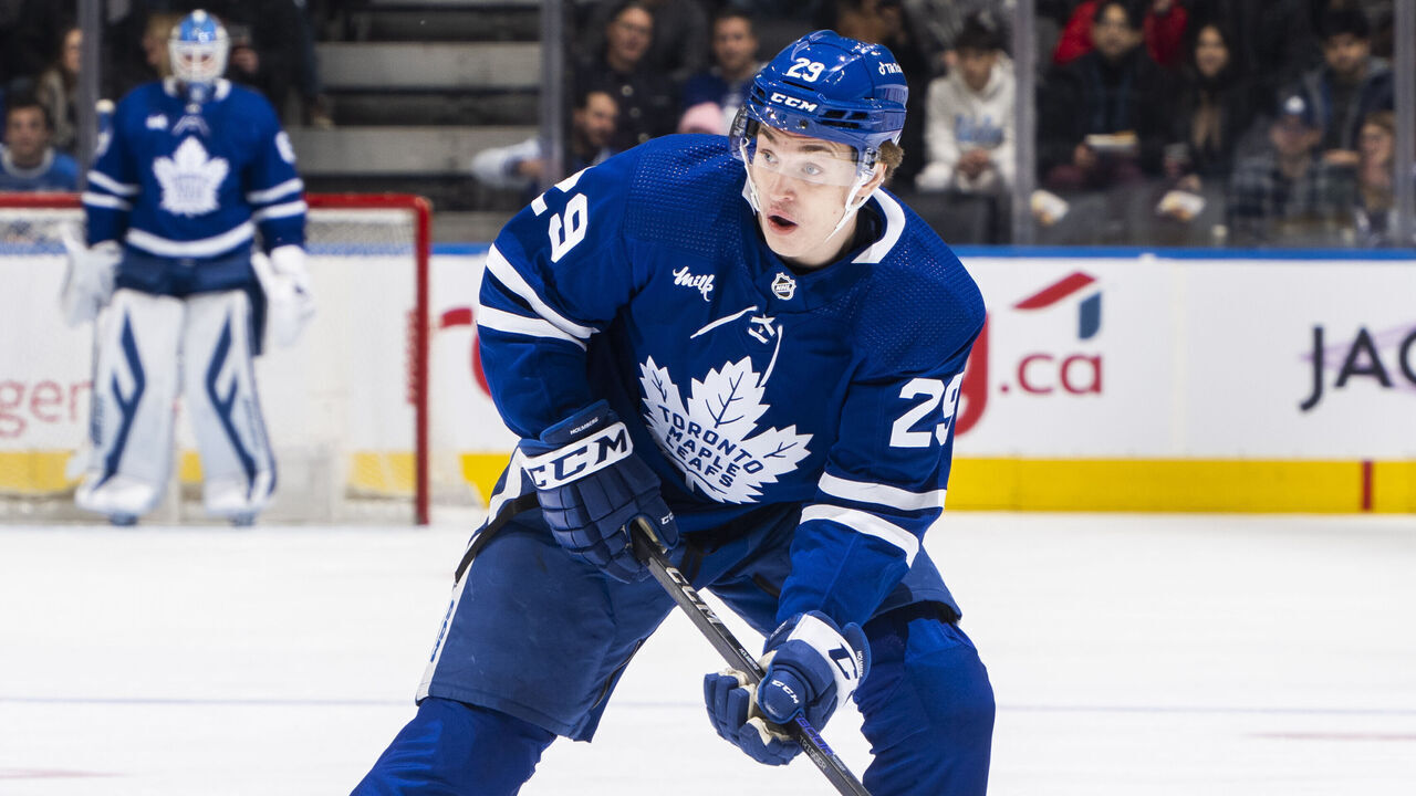 TORONTO, ON - FEBRUARY 11: Pontus Holmberg #29 of the Toronto Maple Leafs skates against the Columbus Blue Jackets during the first period at the Scotiabank Arena on February 11, 2023 in Toronto, Ontario, Canada.
