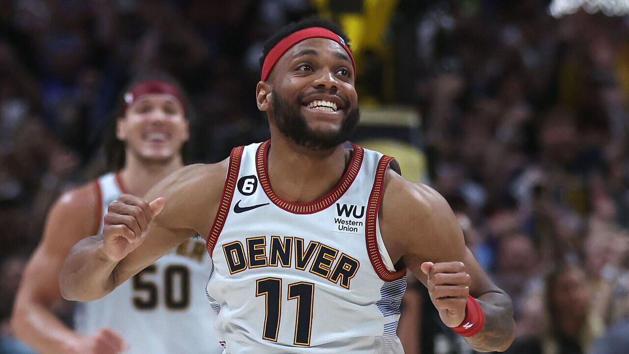 DENVER, COLORADO - JUNE 12: Bruce Brown #11 of the Denver Nuggets reacts after a 94-89 victory against the Miami Heat in Game Five of the 2023 NBA Finals at Ball Arena on June 12, 2023 in Denver, Colorado.
