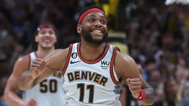 DENVER, COLORADO - JUNE 12: Bruce Brown #11 of the Denver Nuggets reacts after a 94-89 victory against the Miami Heat in Game Five of the 2023 NBA Finals at Ball Arena on June 12, 2023 in Denver, Colorado.