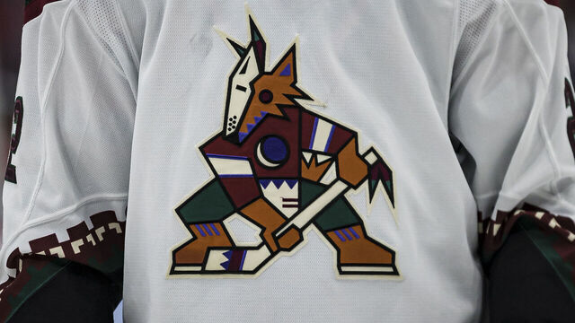 WASHINGTON, DC - OCTOBER 29: A detailed view of the Arizona Coyotes logo on the jersey worn by Johan Larsson #22 of the Arizona Coyotes during the third period of the game against the Washington Capitals at Capital One Arena on October 29, 2021 in Washington, DC.