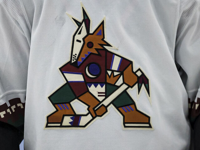WASHINGTON, DC - OCTOBER 29: A detailed view of the Arizona Coyotes logo on the jersey worn by Johan Larsson #22 of the Arizona Coyotes during the third period of the game against the Washington Capitals at Capital One Arena on October 29, 2021 in Washington, DC.