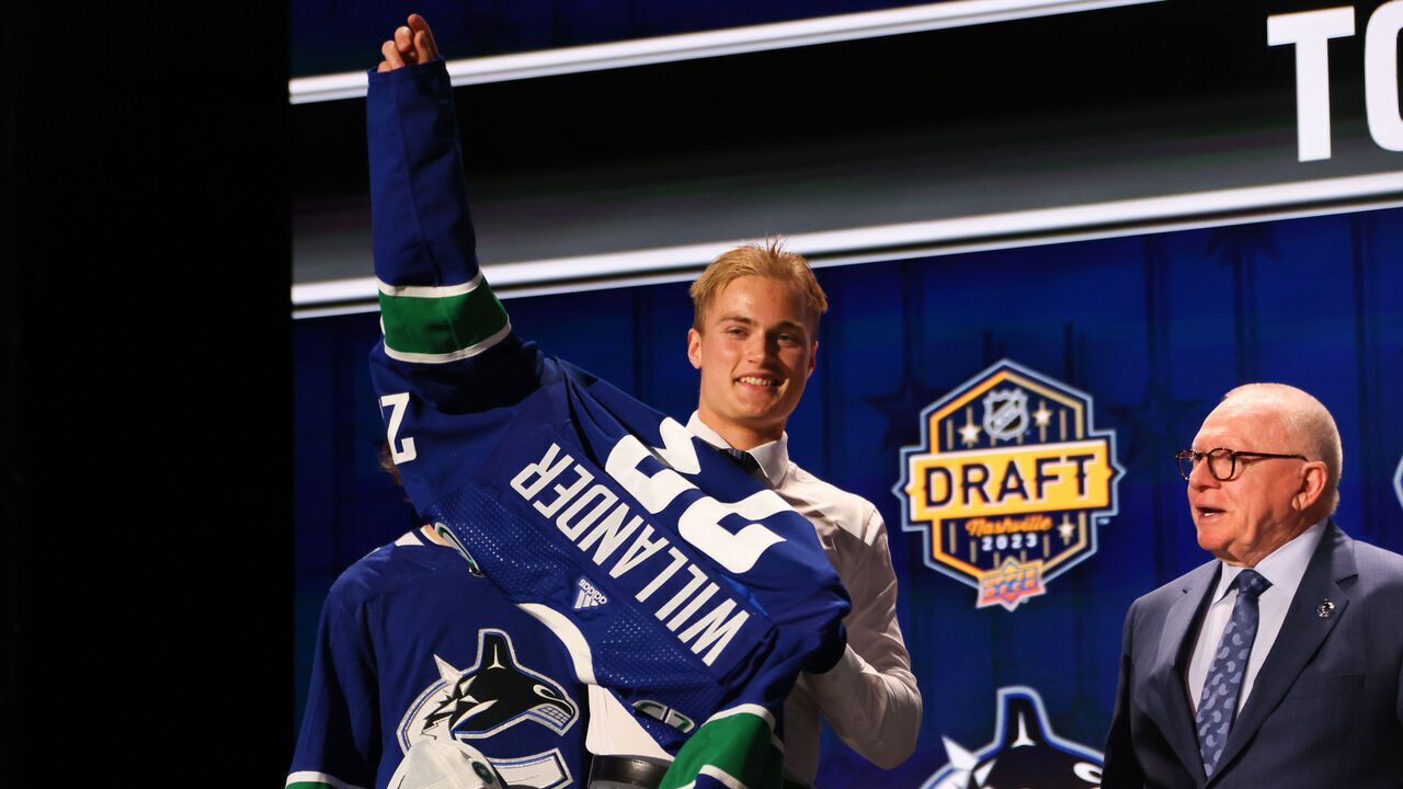 NASHVILLE, TENNESSEE - JUNE 28: Tom Willander is selected by the Vancouver Canucks with the 11th overall pick during round one of the 2023 Upper Deck NHL Draft at Bridgestone Arena on June 28, 2023 in Nashville, Tennessee.