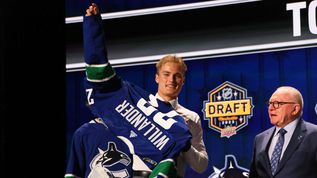 NASHVILLE, TENNESSEE - JUNE 28: Tom Willander is selected by the Vancouver Canucks with the 11th overall pick during round one of the 2023 Upper Deck NHL Draft at Bridgestone Arena on June 28, 2023 in Nashville, Tennessee.