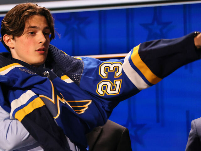 NASHVILLE, TENNESSEE - JUNE 28: Dalibor Dvorsky is selected by the St. Louis Blues with the tenth overall pick during round one of the 2023 Upper Deck NHL Draft at Bridgestone Arena on June 28, 2023 in Nashville, Tennessee.