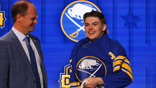 NASHVILLE, TENNESSEE - JUNE 28: Zach Benson is selected by the Buffalo Sabres with the 13th overall pick during round one of the 2023 Upper Deck NHL Draft at Bridgestone Arena on June 28, 2023 in Nashville, Tennessee.