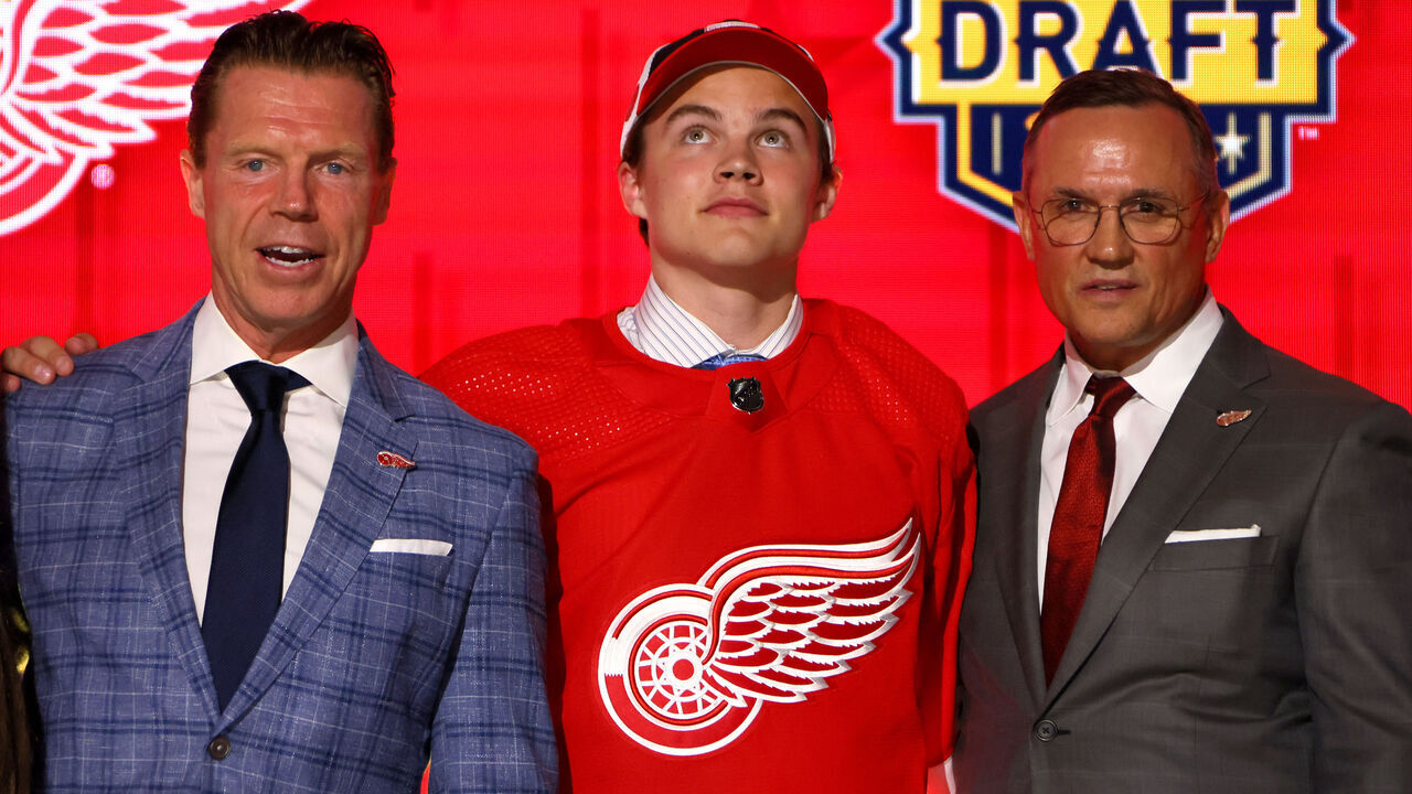 NASHVILLE, TENNESSEE - JUNE 28: Axel Sandin Pellikka is selected by the Detroit Red Wings with the 17th overall pick during round one of the 2023 Upper Deck NHL Draft at Bridgestone Arena on June 28, 2023 in Nashville, Tennessee.