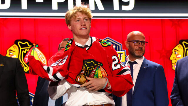 NASHVILLE, TENNESSEE - JUNE 28: Oliver Moore is selected by the Chicago Blackhawks with the 19th overall pick during round one of the 2023 Upper Deck NHL Draft at Bridgestone Arena on June 28, 2023 in Nashville, Tennessee.