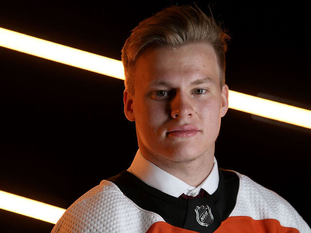 NASHVILLE, TENNESSEE - JUNE 28: Matvei Michkov, seventh overall pick by the Philadelphia Flyers, poses for a portrait after being drafted in the 2023 Upper Deck NHL Draft at Bridgestone Arena on June 28, 2023 in Nashville, Tennessee.