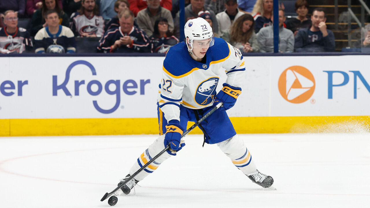 COLUMBUS, OH - APRIL 14: Buffalo Sabres right wing Jack Quinn (22) prepares to shoot during the second period in a game against the Columbus Blue Jackets on April 14, 2023, at Nationwide Arena in Columbus, Ohio.