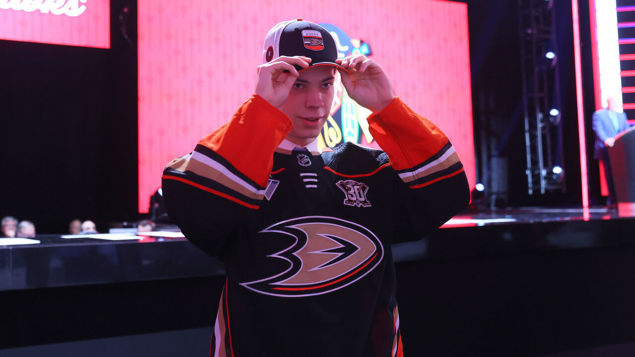 NASHVILLE, TENNESSEE - JUNE 29: Nico Myatovic celebrates after being selected 33rd overall pick by the Anaheim Ducks during the 2023 Upper Deck NHL Draft at Bridgestone Arena on June 29, 2023 in Nashville, Tennessee.