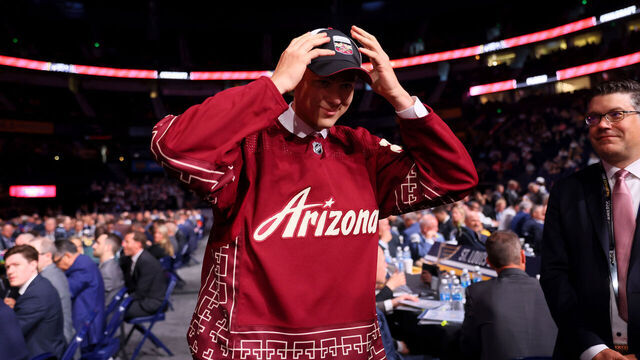 NASHVILLE, TENNESSEE - JUNE 29: Michael Hrabal celebrates after being selected 38th overall pick by the Arizona Coyotes during the 2023 Upper Deck NHL Draft at Bridgestone Arena on June 29, 2023 in Nashville, Tennessee.