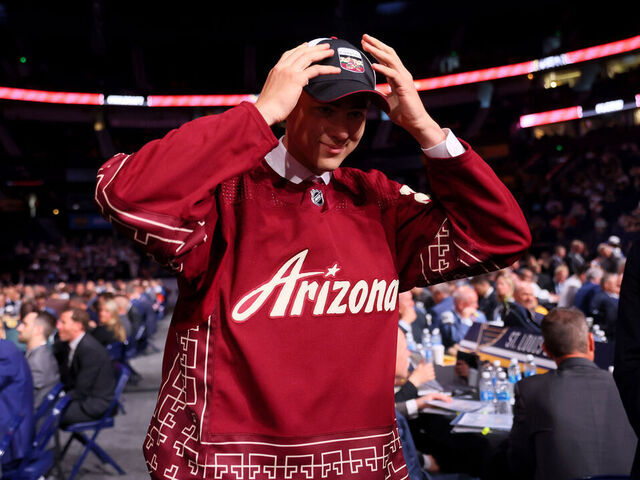 NASHVILLE, TENNESSEE - JUNE 29: Michael Hrabal celebrates after being selected 38th overall pick by the Arizona Coyotes during the 2023 Upper Deck NHL Draft at Bridgestone Arena on June 29, 2023 in Nashville, Tennessee.