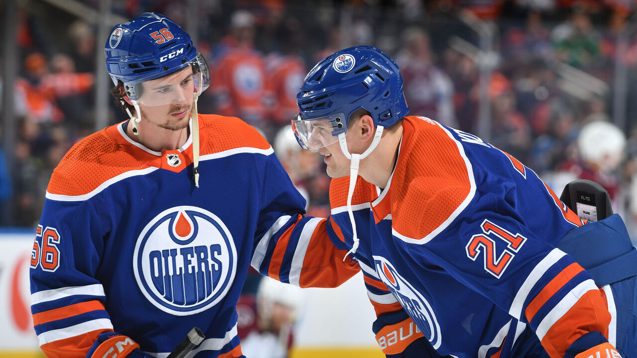 EDMONTON, CANADA - JANUARY 7: Kailer Yamamoto #56 and Klim Kostin #21 of the Edmonton Oilers have a conversation during warm ups before the game against the Colorado Avalanche on January 7, 2023 at Rogers Place in Edmonton, Alberta, Canada.