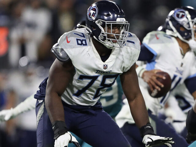 Tennessee Titans offensive tackle Nicholas Petit-Frere (78) guards