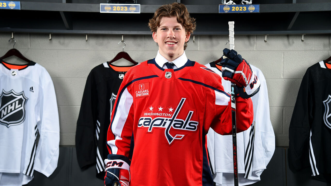NASHVILLE, TENNESSEE - JUNE 29: Andrew Cristall poses for a portrait after being selected 40th overall by the Washington Capitals during the 2023 Upper Deck NHL Draft at Bridgestone Arena on June 29, 2023 in Nashville, Tennessee.