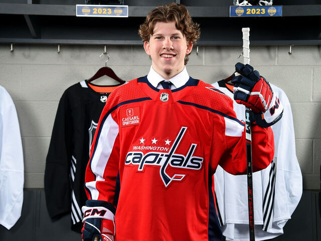 NASHVILLE, TENNESSEE - JUNE 29: Andrew Cristall poses for a portrait after being selected 40th overall by the Washington Capitals during the 2023 Upper Deck NHL Draft at Bridgestone Arena on June 29, 2023 in Nashville, Tennessee.
