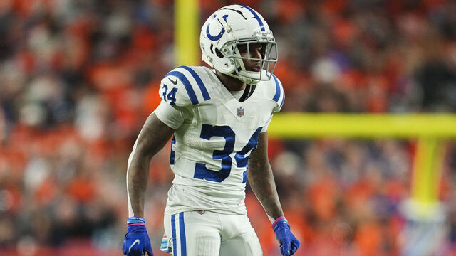 DENVER, CO - OCTOBER 06: Isaiah Rodgers #34 of the Indianapolis Colts defends against the Denver Broncos at Empower Field at Mile High on October 6, 2022 in Denver, Texas.