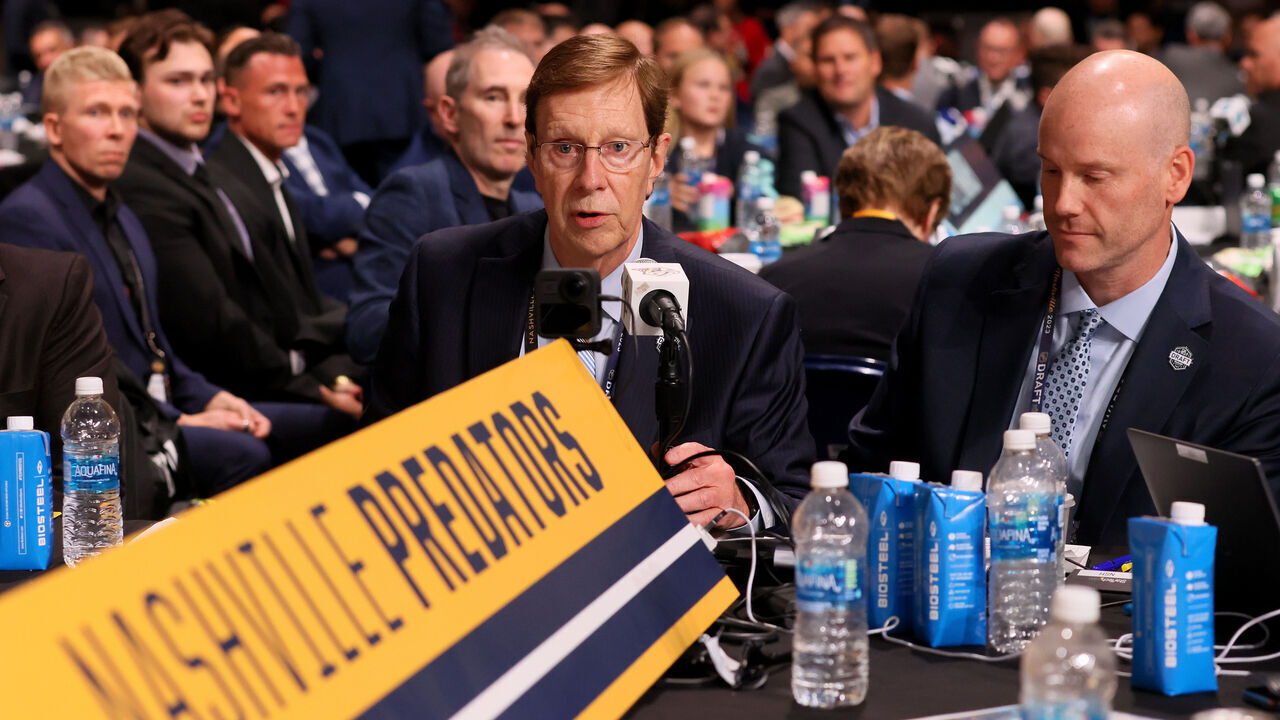 NASHVILLE, TENNESSEE - JUNE 29: General Manager David Poile of the Nashville Predators makes the 218th pick during the 2023 Upper Deck NHL Draft at Bridgestone Arena on June 29, 2023 in Nashville, Tennessee.