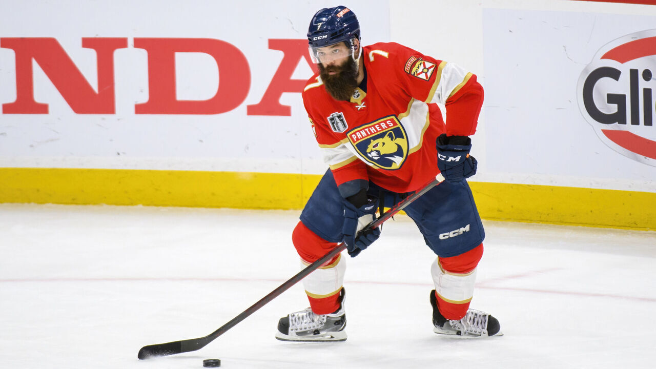 SUNRISE, FL - JUNE 10: Florida Panthers defenseman Radko Gudas (7) moves the puck during Game Four of the NHL Stanley Cup Final between the Vegas Golden Knights and the Florida Panthers on June 10, 2023 at the FLA Live Arena in Sunrise, Florida.