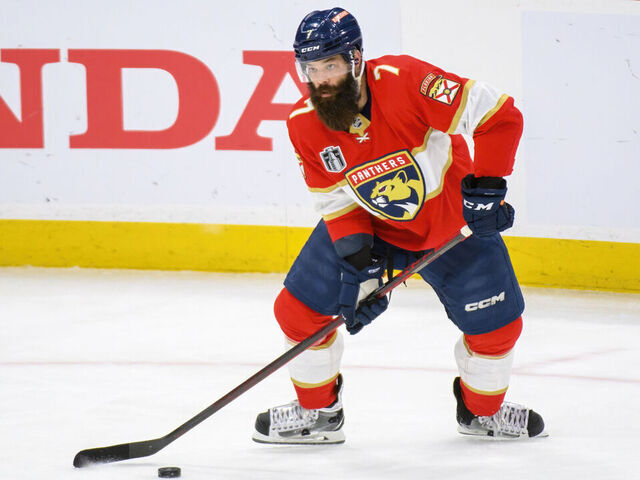 SUNRISE, FL - JUNE 10: Florida Panthers defenseman Radko Gudas (7) moves the puck during Game Four of the NHL Stanley Cup Final between the Vegas Golden Knights and the Florida Panthers on June 10, 2023 at the FLA Live Arena in Sunrise, Florida.