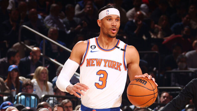 NEW YORK, NY - MAY 10: Josh Hart #3 of the New York Knicks dribbles the ball during Round 2 Game 5 of the Semi-Finals 2023 NBA Playoffs against the Miami Heat on May 10, 2023 at Madison Square Garden in New York City, New York. Mandatory Copyright Notice: Copyright 2023 NBAE