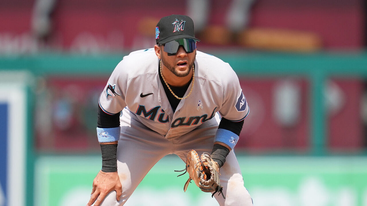 WASHINGTON, DC - JUNE 18: Yuli Gurriel #10 of the Miami Marlins in position during a baseball game against the Washington Nationals at Nationals Park on June 18, 2023 in Washington, DC.