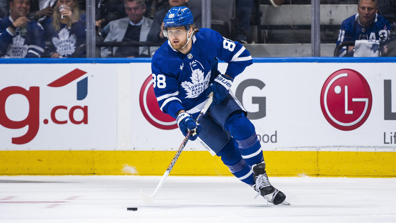 TORONTO, ON - MAY 2: William Nylander #88 of the Toronto Maple Leafs skates against the Florida Panthers during the first period in Game One of the Second Round of the 2023 Stanley Cup Playoffs at the Scotiabank Arena on May 2, 2023 in Toronto, Ontario, Canada.