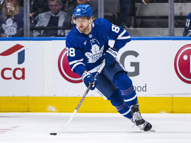 TORONTO, ON - MAY 2: William Nylander #88 of the Toronto Maple Leafs skates against the Florida Panthers during the first period in Game One of the Second Round of the 2023 Stanley Cup Playoffs at the Scotiabank Arena on May 2, 2023 in Toronto, Ontario, Canada.