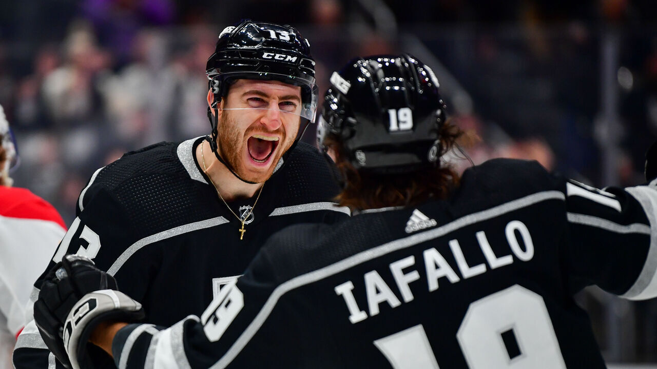 LOS ANGELES, CA - MARCH 20: Gabriel Vilardi #13 of the Los Angeles Kings celebrates his goal with Alex Iafallo #19 during the first period against the Calgary Flames at Crypto.com Arena on March 20, 2023 in Los Angeles, California.