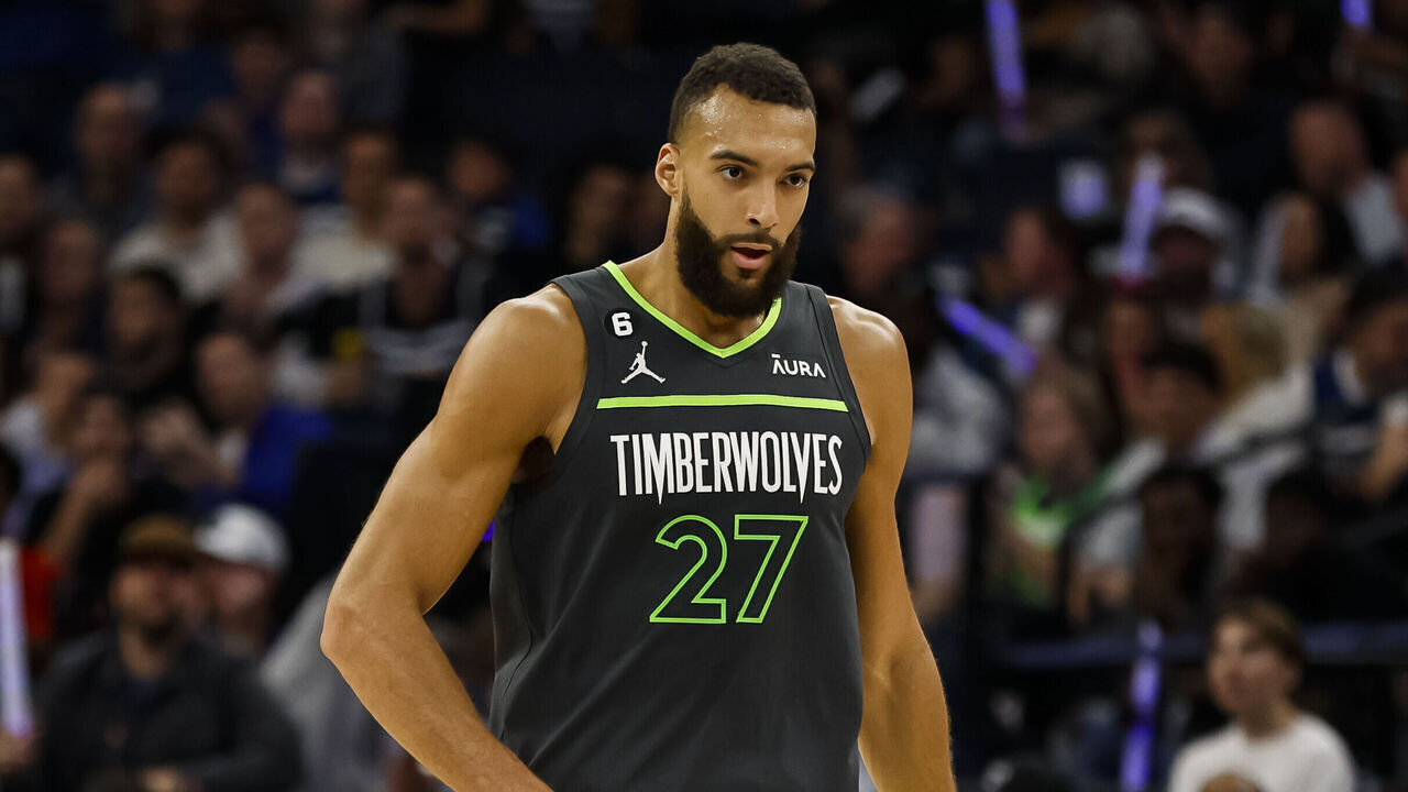 MINNEAPOLIS, MN - APRIL 14: Rudy Gobert #27 of the Minnesota Timberwolves looks on against the Oklahoma City Thunder in the second quarter of the NBA Play-In game at Target Center on April 14, 2023 in Minneapolis, Minnesota. The Timberwolves defeated the Thunder 120-95 to advance to the NBA Playoffs as the #8 seed.