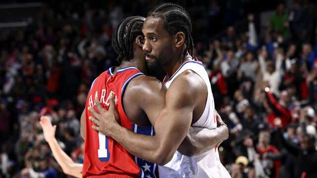 PHILADELPHIA, PA - DECEMBER 23: Kawhi Leonard #2 of the LA Clippers embraces James Harden #1 of the Philadelphia 76ers after the game on December 23, 2022 at the Wells Fargo Center in Philadelphia, Pennsylvania NOTE TO USER: User expressly acknowledges and agrees that, by downloading and/or using this Photograph, user is consenting to the terms and conditions of the Getty Images License Agreement. Mandatory Copyright Notice: Copyright 2022 NBAE