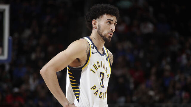 DETROIT, MI - MARCH 11: Chris Duarte #3 of the Indiana Pacers looks on during the game against the Detroit Pistons on March 11, 2023 at Little Caesars Arena in Detroit, Michigan. NOTE TO USER: User expressly acknowledges and agrees that, by downloading and/or using this photograph, User is consenting to the terms and conditions of the Getty Images License Agreement. Mandatory Copyright Notice: Copyright 2023 NBAE