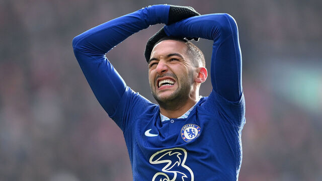 LIVERPOOL, ENGLAND - JANUARY 21: Hakim Ziyech of Chelsea reacts after a missed chance during the Premier League match between Liverpool FC and Chelsea FC at Anfield on January 21, 2023 in Liverpool, England.