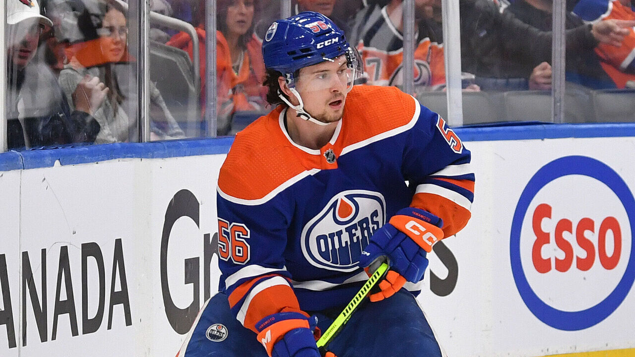 EDMONTON, CANADA - MAY 10: Kailer Yamamoto #56 of the Edmonton Oilers skates against the Vegas Golden Knights in Game Four of the Second Round of the 2023 Stanley Cup Playoffs at Rogers Place on May 10, 2023, in Edmonton, Alberta, Canada.