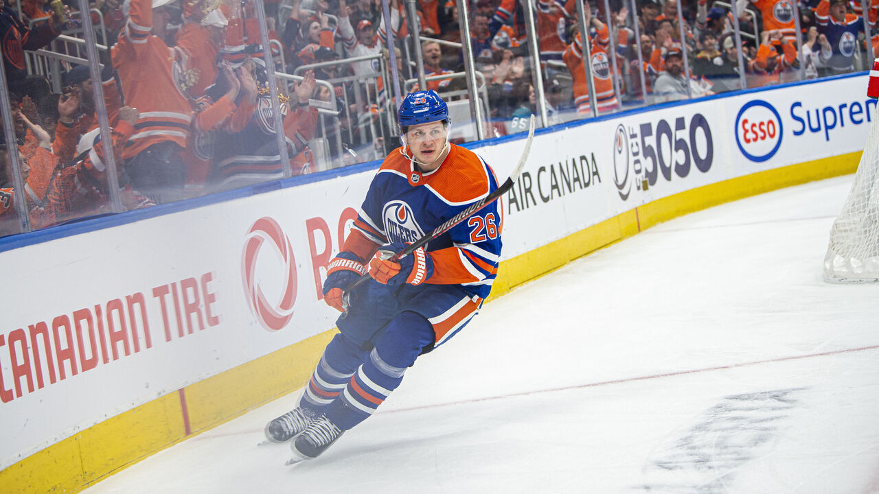 EDMONTON, ALBERTA - APRIL 13: Mattias Janmark #26 of the Edmonton Oilers celebrates his goal against the San Jose Sharks during the second period at Rogers Place on April 13, 2023 in Edmonton, Alberta, Canada.