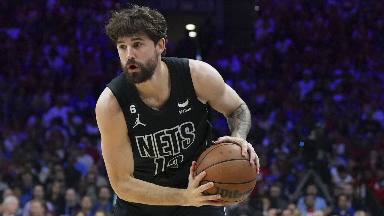 PHILADELPHIA, PA - APRIL 15: Joe Harris #12 of the Brooklyn Nets controls the ball against the Philadelphia 76ers during Game One of the Eastern Conference First Round Playoffs at the Wells Fargo Center on April 15, 2023 in Philadelphia, Pennsylvania. The 76ers defeated the Nets 121-101.